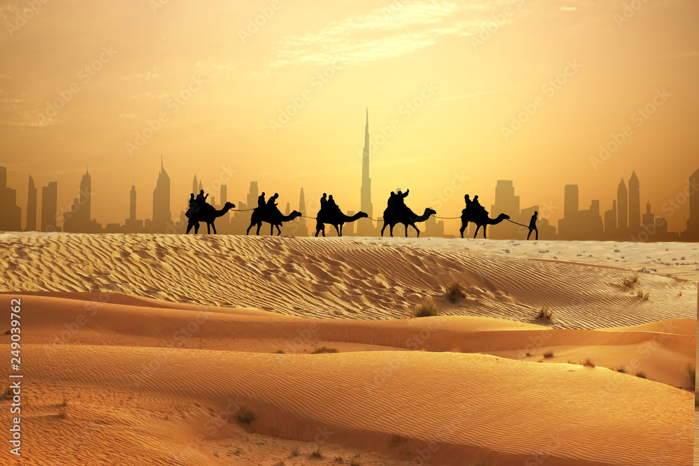 Camel caravan on sand dunes on Arabian desert with Dubai skyline at sunset - obrazy, fototapety, plakaty 