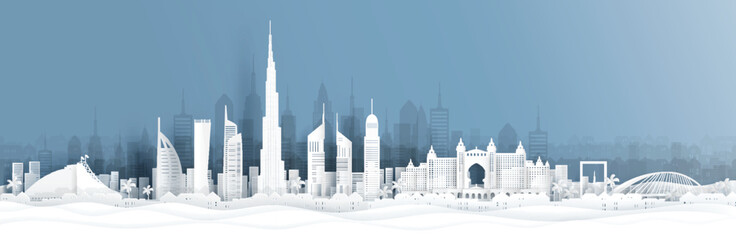 Wall Mural - panorama view of dubai and city skyline with world famous landmarks in paper cut style vector illust