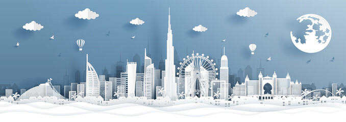 Fototapete - Panorama postcard and travel poster with travel to Dubai concept with skyline and famous landmark in paper cut style vector illustration