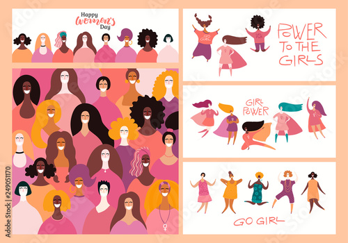Set of womens day cards with diverse women and lettering quotes. Hand drawn v...