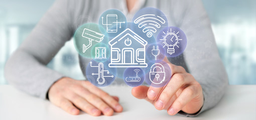 Poster - businessman holding smart home interface with icon, stats and data 3d rendering