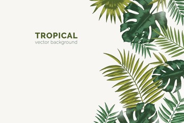 Poster - Summer paradise background with exotic palm tree branches and tropical Monstera leaves. Natural horizontal backdrop with foliage of rainforest jungle plants. Realistic botanical vector illustration.