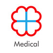 © teracreonte - Logotipo abstracto con texto Medical con cruz con 4 corazones lineal en color azul y rojo