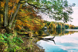 Piękny jesienny krajobraz, jezioro i las