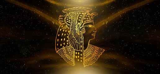 Egyptian asbstract background, goddess of Egypt Bastet and Cleopatra, pyramids, abstract dark background
