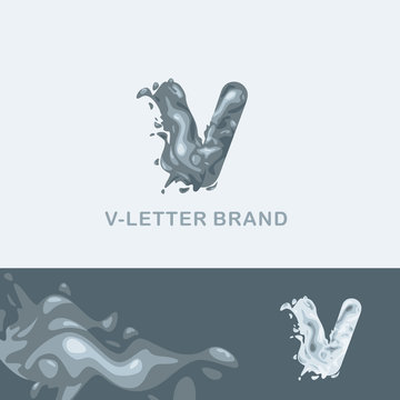 V letter is an aqua logo. Liquid volumetric letter with droplets and sprays for the corporate style of the company or brand on the letter V. Juicy, watery style.