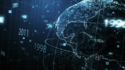 Canvas Print - Close-up 3d Animation of Turning Earth Hologram with Numbers and Dots Seamless. Looped 3d Animation with DOF Blur. Futuristic Business and Technology Concept 4k UHD 3840x2160