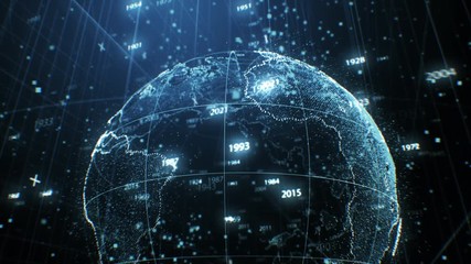 Wall Mural - Flying Around Planet Earth Hologram Made of Dots Rotation in Cyberspace with Years Numbers and Network Grid. 3d Animation Futuristic Business and Technology Concept 4k Ultra HD 3840x2160