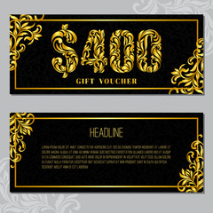 Wall Mural - Gift voucher template 400 USD. The inscription created from a floral ornament. Golden Letters on a black background with floral pattern. VIP design.