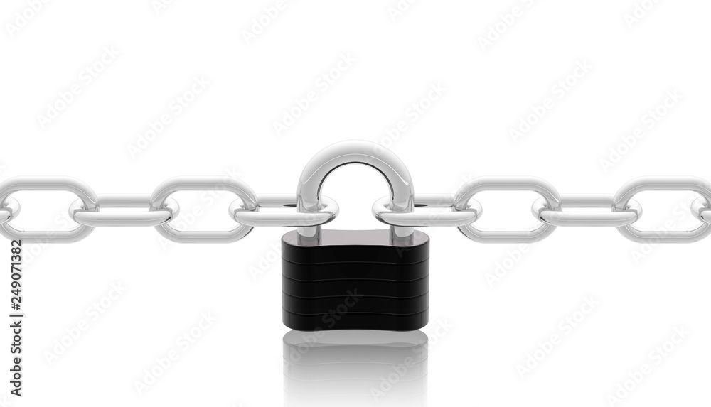 The realistic grey metal chain and black padlock on white background ...