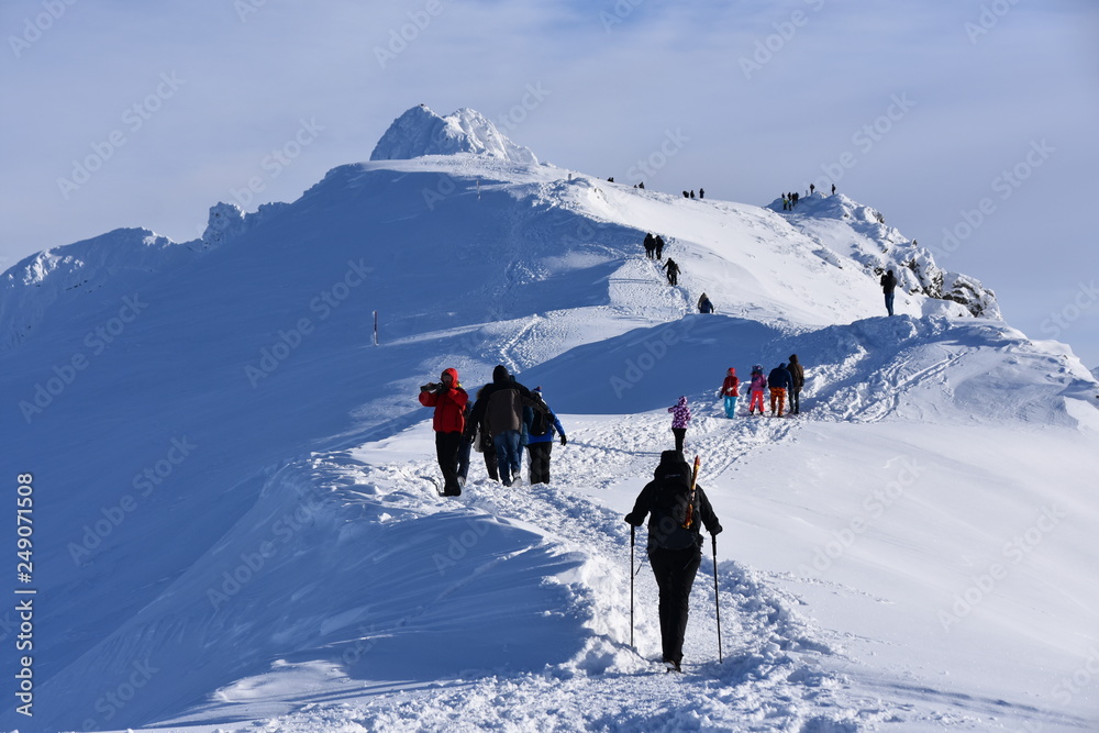 Turyści na szlaku Tatry Tatrzański Park Narodowy zima TPN Góry  Kasprowy Wierch  - obrazy, fototapety, plakaty 