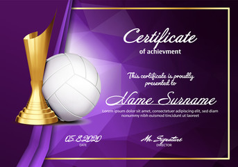 Sticker - Volleyball Certificate Diploma With Golden Cup Vector. Sport Vintage Appreciation. Modern Gift. Print Blank. A4 Horizontal. Event Illustration