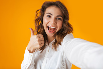 Sticker - Portrait of a cheerful young woman wearing white shirt