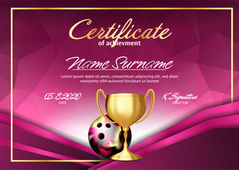 Sticker - Bowling Game Certificate Diploma With Golden Cup Vector. Sport Graduate Champion. Best Prize. Winner Trophy. A4 Horizontal. Illustration