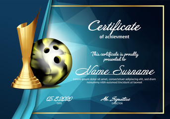 Sticker - Bowling Certificate Diploma With Golden Cup Vector. Sport Vintage Appreciation. Modern Gift. Print Blank. A4 Horizontal. Event Illustration