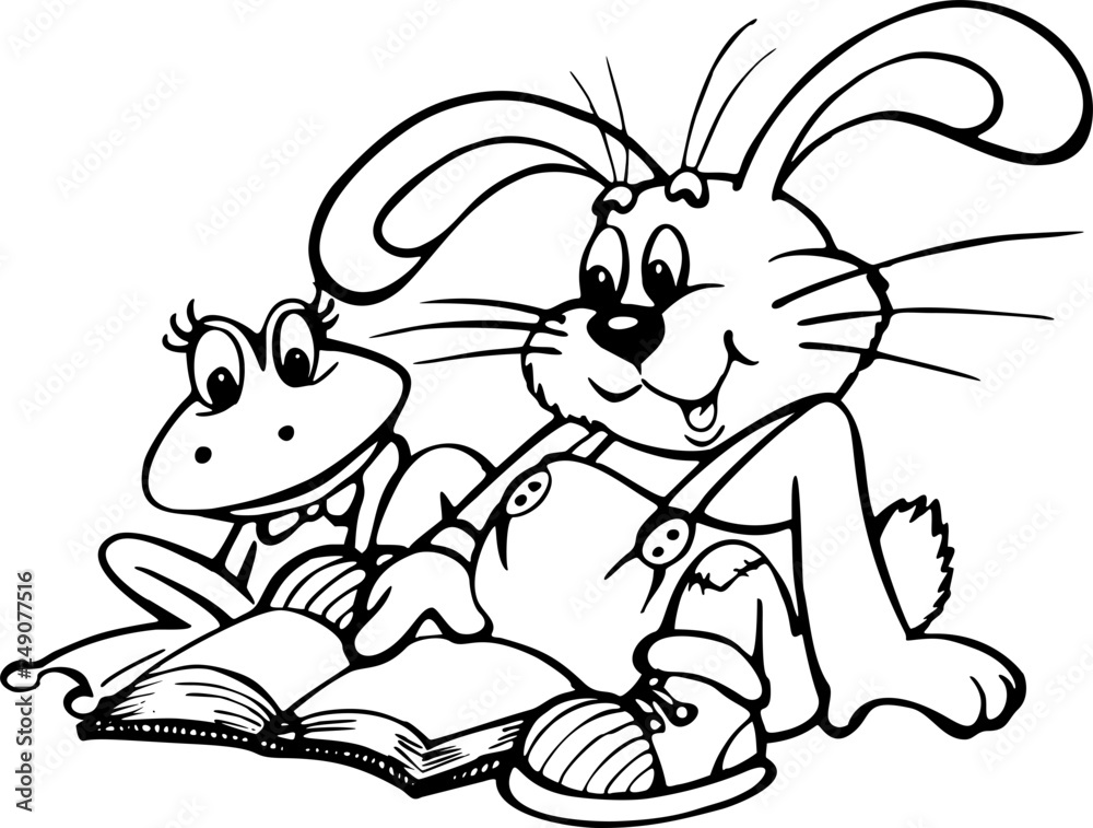 Żaba i królik czytają książkę - obrazy, fototapety, plakaty 