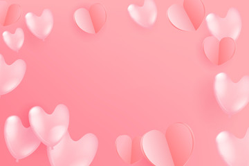 Poster - Flying paper hearts and balloons on pink background. Valentine`s Day and Mother`s Day celebration card layout
