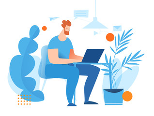 Vector concept business illustration with a man working at laptop