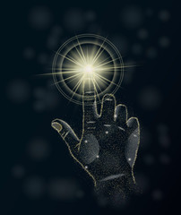 Poster - Image of a hand touching glowing point. Futuristic concept consisting of points on dark background. Business concept. Ad background.