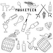 Vector Illustration Of Musketeer Meal, Hand Drawn Sketch Of Food In France. Wine, Meat And Cheese. Musketeer Swords And Hats. Lunch From The Novel Three Musketeers.