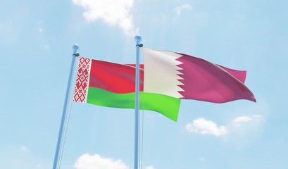 Qatar and Belarus, two flags waving against blue sky. 3d image