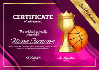 Wall Mural - Basketball Certificate Diploma With Golden Cup Vector. Sport Graduation. Elegant Document. Luxury Paper. A4 Horizontal. Championship Illustration