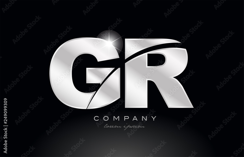 silver letter gr g r metal combination alphabet with grey color on black background logo - obrazy, fototapety, plakaty 