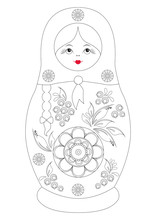 Coloring Contour Book For Children. Traditional Souvenir Russian Floral Folk Matryoshka Babushka Doll. Gorodets Painting Stylization. Russian Nesting Doll Girl With A Smile.