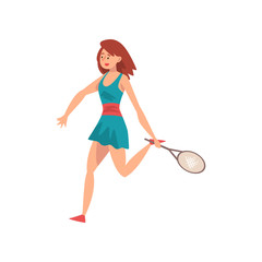 Wall Mural - Female Tennis Player with Racket in Her Hand, Professional Sportswoman Character in Action Vector Illustration