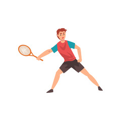 Poster - Male Tennis Player, Professional Sportsman Character Wearing Sports Uniform Playing Tennis Vector Illustration