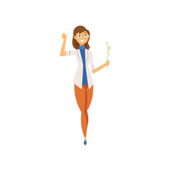 Poster - Woman Scientist in White Coat Holding Test Fask, Female Chemist Character Vector Illustration