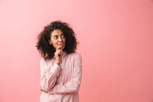Happy Beautiful Young African Woman Posing Isolated Over Pink Wall Background.