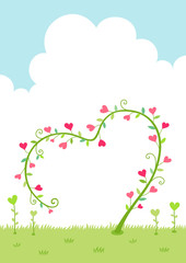 Wall Mural - Heart floral plant stem.Heart shaped plant arch on grass with sky background