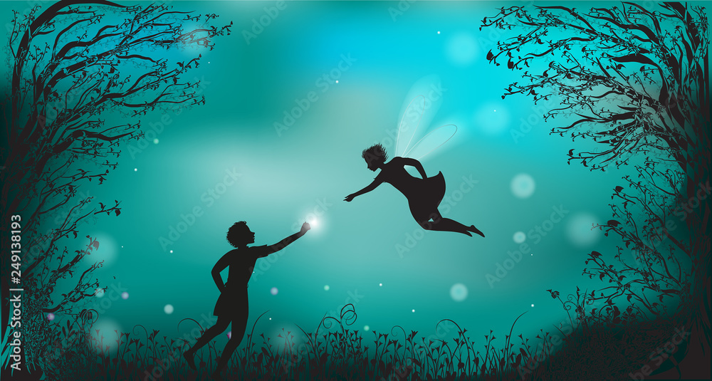 deep fairy forest silhouette at night with fairy girl and boy giving the lantern, fireflies, - obrazy, fototapety, plakaty 