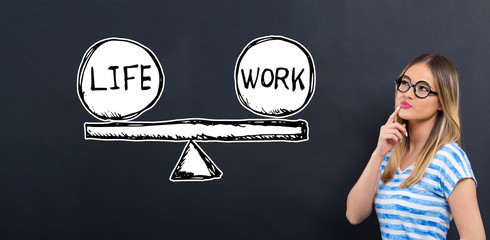 Wall Mural - Life and work balance with young woman in front of a blackboard
