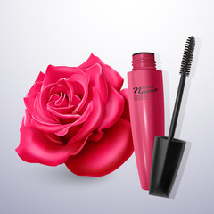 mascara in realistic style on red rose background, vector illustration