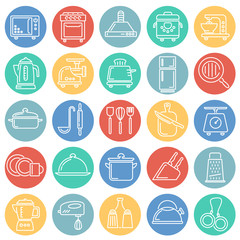 Poster - Kitchen appliances line icons set on color circles white background for graphic and web design, Modern simple vector sign. Internet concept. Trendy symbol for website design web button or mobile app
