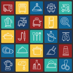 Poster - Kitchen appliances line icons set on color squares background for graphic and web design, Modern simple vector sign. Internet concept. Trendy symbol for website design web button or mobile app