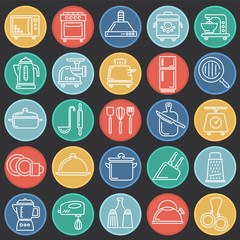Poster - Kitchen appliances line icons set on color circles black background for graphic and web design, Modern simple vector sign. Internet concept. Trendy symbol for website design web button or mobile app