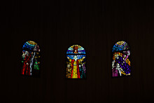 Symmetry Concept Religion Church Interior Photography Of  Colorful Mosaic Arch Shape Windows Surrounded By Deep Black Darkness, Empty Copy Space For Your Text Or Inscription 