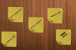 Several pieces of paper, post its hang on the wooden pin board