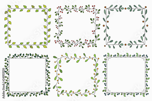 Hand Drawn Set Of Different Floral Vector Wreath With Green Leaves Herbs Forest Cute Square Rustic Frame Illustration For Greeting Card Wedding Invitation Logo Poster Stock Vector Adobe Stock