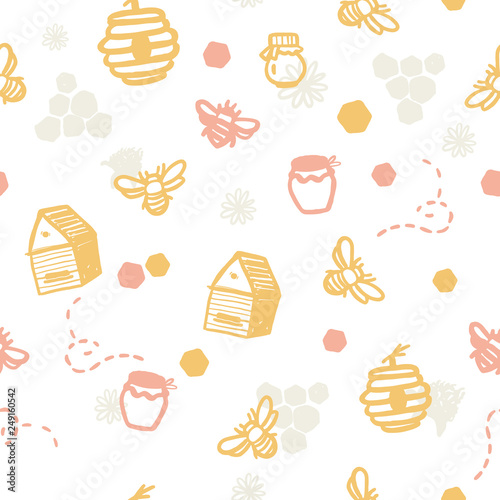 Cotton fabric Modern seamless honey bee pattern. Organic farming concept with lettering