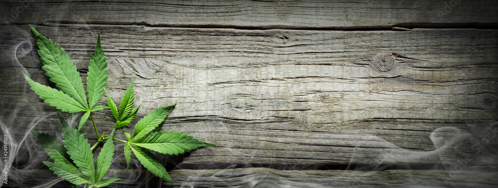 Cannabis Sativa Leaves With Smoke On Wooden Table - Medical Legal Marijuana - obrazy, fototapety, plakaty 