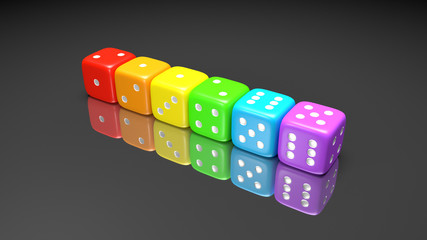 Set of rainbow colored dices on the gray background. Colorful play dice with numbers. Casino gamble playing tool. 3D render.