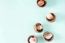 Summer Minimal Composition. Creative Layout Made Of Coconut And Seashells On Pastel Blue Background. Summer Creative Concept. Flat Lay, Top View, Copy Space 