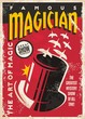 © lukeruk - Vintage poster for magic performance - Magician tricks show retro flyer design - Vector poster with magic cylinder hat and white birds - Old paper damaged background texture