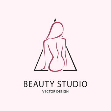 Logo and label for design beauty studio, spa or salon. Pink woman body icon in triangle. Grey lettering, calligraphy vector illustration isolated on light background