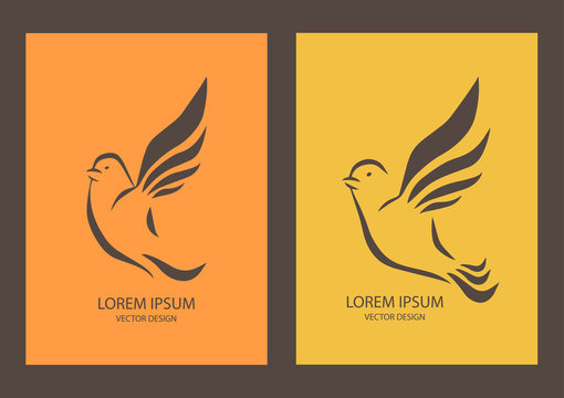 Logo and label for design your project. Bird icon. Grey lettering, calligraphy vector illustration isolated on orange, yellow background. Set of cards