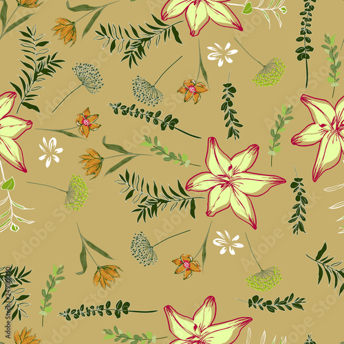 Seamless Pattern flowers and leaves  line hand drawn style Isolated on colored
